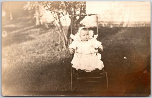 Baby Girl In Stroller Cute Nice Head Dress Photograph Postcard