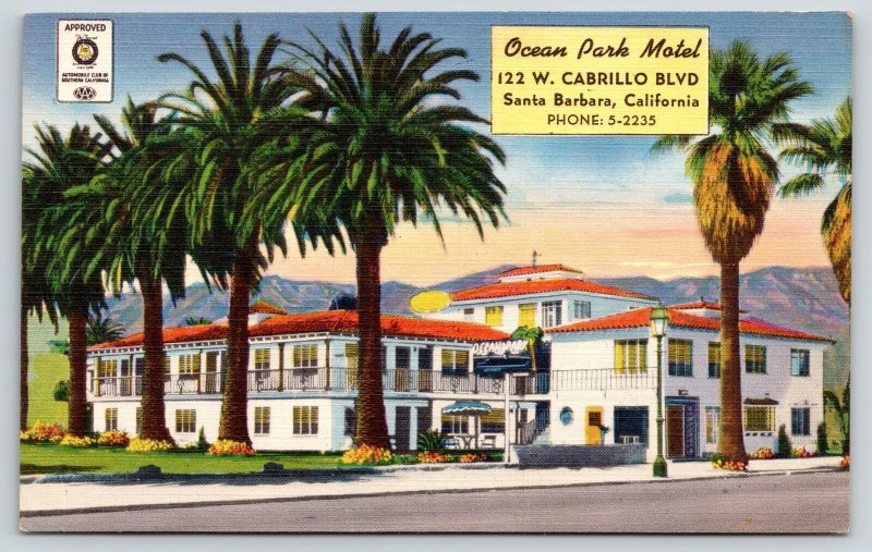 Santa Barbara California~Ocean Park Motel~Bright Bold Colors Linen~1950 Postcard 