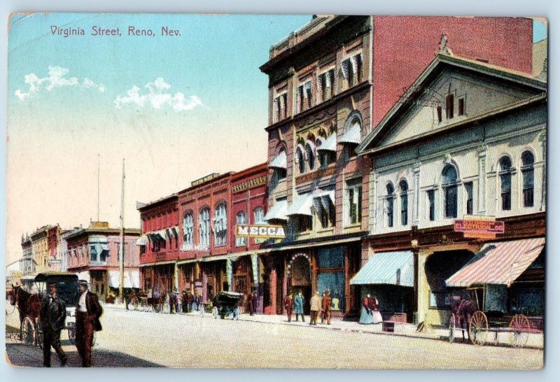 1910 Virginia Street Business Area Carriage Classic Cars Reno Nevada NV Postcard