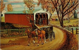 Covered Bridge Carriages Horse PA Pennsylvania Postcard VTG UNP Vintage Unused 