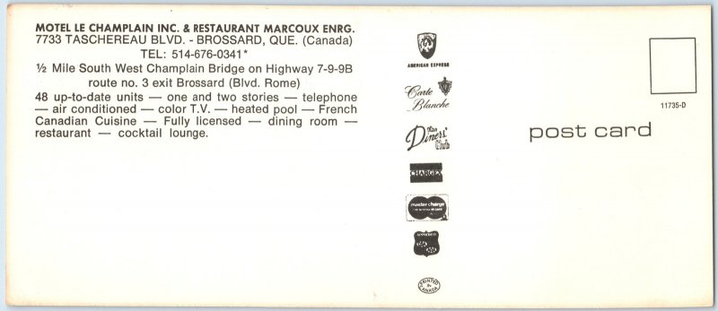 c1970s Brossard, Quebec Motel Le Champlain Restaurant Marcoux Credit Cards PC 3S