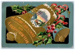 c1910's Christmas Giant Ringing Bells Holly Berries Embossed Nash Postcard