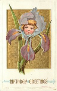 1908 Embossed Birthday Postcard, P. Sander 232, Girl's Face in Iris Flower