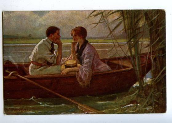 177460 Fishing LOVERS in BOAT by MENZLER Vintage colorful PC