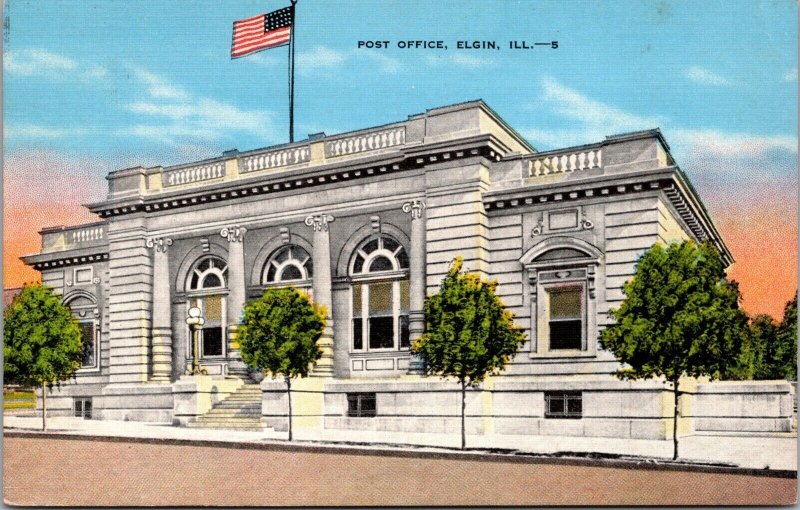 Linen Postcard United States Post Office Building in Elgin, Illinois