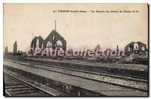 Postcard Old devastated Tergnier Aisne general view of Atliers Railway