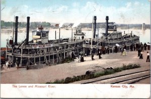 Postcard MO Kansas City - The Levee and Missouri River - Steamboat Moline Park