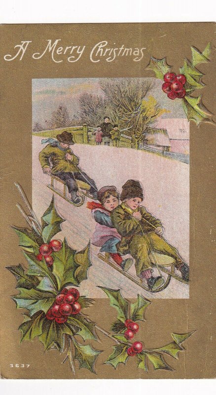 CHRISTMAS, 1900-10s; Children riding sleds down snowy hill, Holly