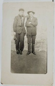 Early 1900s Just two Young Chaps Have a Photo Taken RPPC Postcard Q8