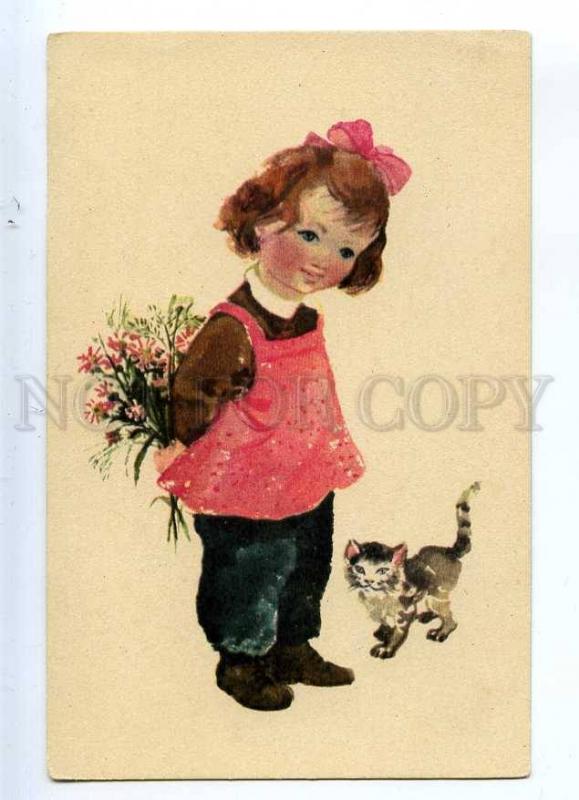 233303 HUNGARY Demjen Zsuzsa KITTY Kitten GIRL old postcard