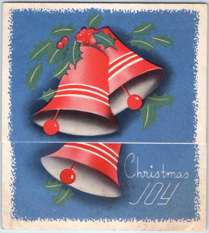 c1930s Bells Christmas Joy Fold Open Paper Greetings Card New Year USA Vtg 5A