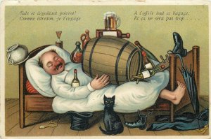 Alcohol drunk man caricature beer barrel black cat comic greetings old postcard 