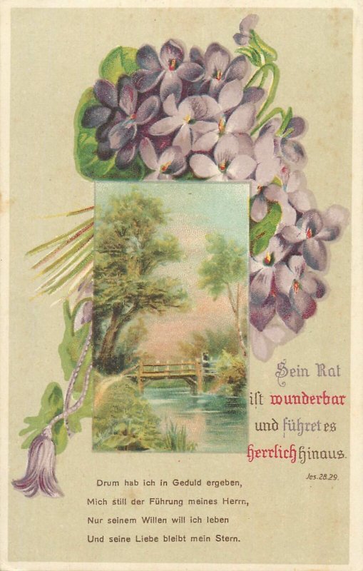 Early greetings postcard flower bridge river