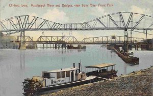 Paddle Steamer Launch Mississippi River Bridges Clinton Iowa 1912 postcard