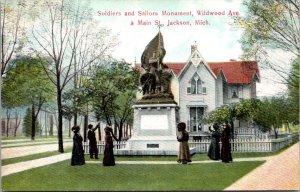 Postcard Soldiers and Sailors Monument Wildwood Ave & Main St Jackson Michigan