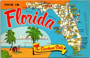 This Is Florida Sunshine State Map Beaches Palm Trees Oceans DB Postcard 