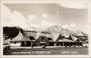 Jasper Alberta CNR Train Station Pyramid Mountain c1944 RPPC Postcard G32