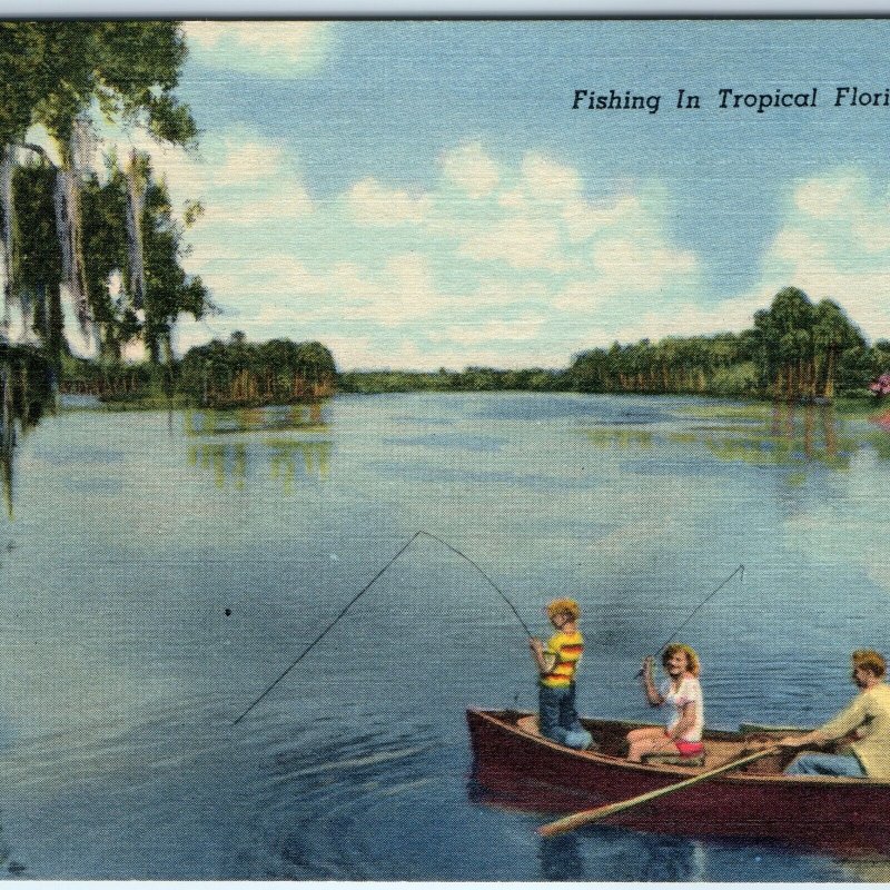 c1940s FL - Tropical Florida Water Family Fishing Linen PC Early Motor Boat A328