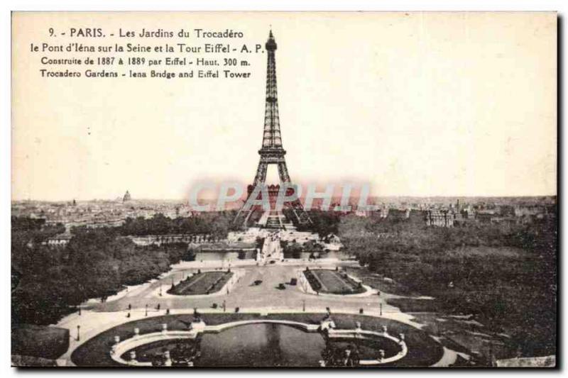 Paris Old Postcard Eiffel Tower Trocadero gardens Bridge & # 39Iena