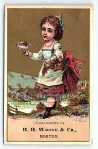 c1880 R H WHITE & CO BOSTON MA YOUNG GIRL WITH FLOWER VICTORIAN TRADE CARD Z1108