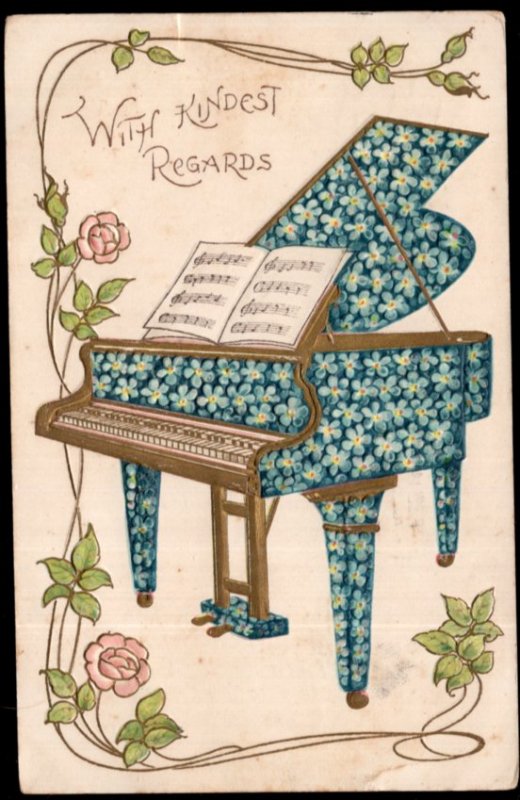 With Kindest Regards Piano covered in Forget-Me-Not Flowers Embossed pm1908 - DB