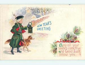 Unused Divided-Back new year COLLIE DOG BESIDE COLONIAL DRESSED BOY r3926@