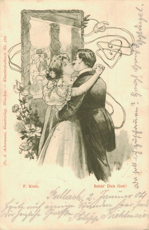 Artist Signed Romantic F. Kruis Behüt Dich Gott! 05.01