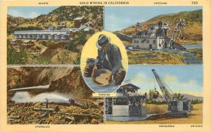 Linen Multiview Postcard Gold Mining in California Dredging Panning Doodlebug