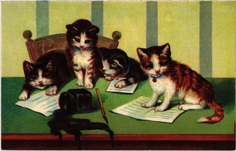 PC CATS, CATS WRITING AND READING LETTERS, Vintage EMBOSSED Postcard (b46725)