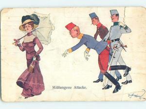 Edge Tear c1910 foreign signed MEN TRIP FOR FRENCH WOMAN WITH UMBRELLA HJ4057