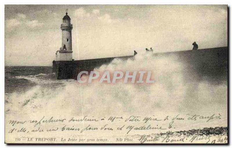 Old Postcard Treport La Jetee For Heavy weather Lighthouse