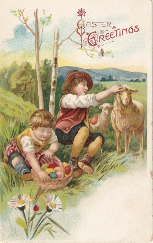 Boy and girl with lambs. Easter Eggs  Lovely old vintage German Easter Greetin