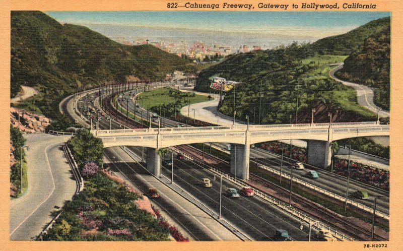 Vintage Postcard Cahuenga Freeway Gateway To Hollywood California CA Western Pub