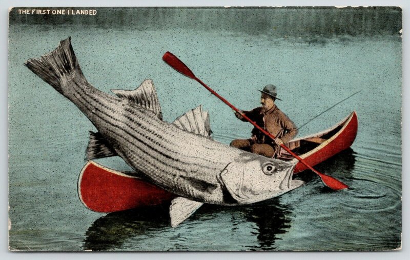 The First One I Landed in Cassville Wisconsin~Exaggerated Fish on Canoe~1918 