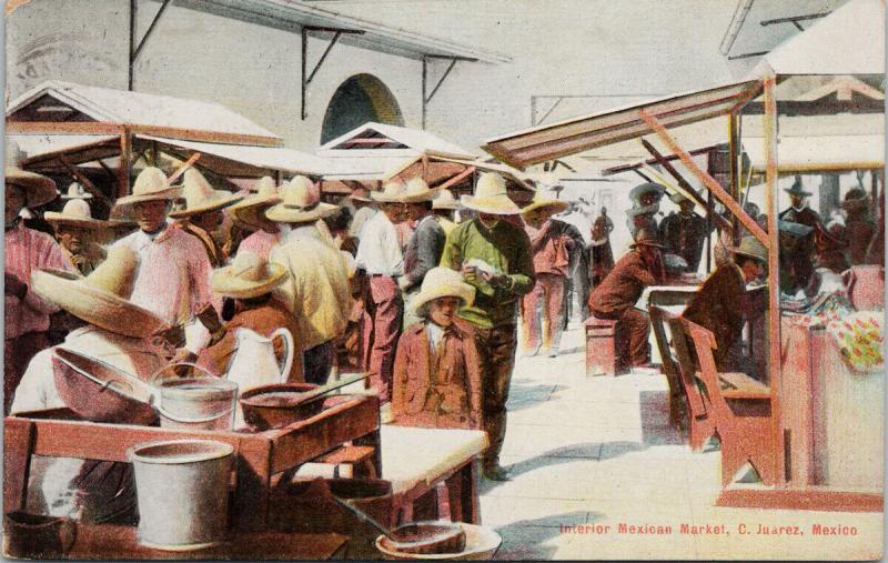 Interior Mexican Market C. Juarez Mexico Antique Postcard E41