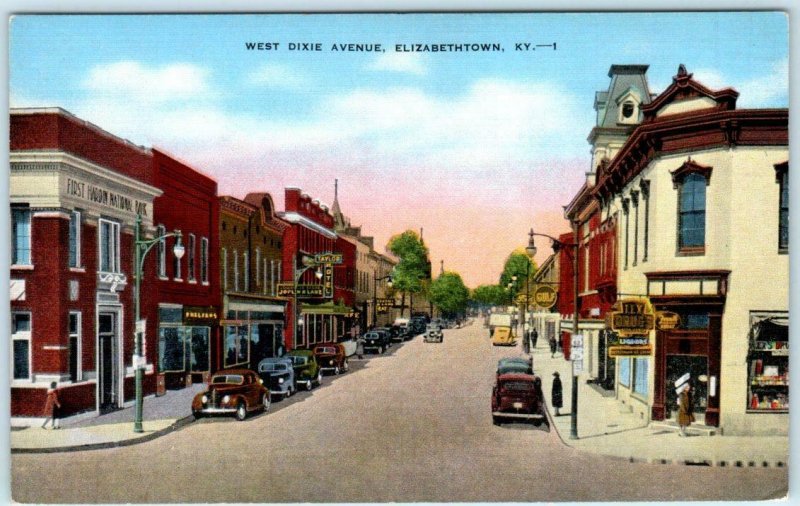 ELIZABETHTOWN, Kentucky  KY ~ WEST DIXIE AVENUE Street Scene ca 1940s Postcard