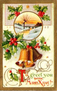 Merry Christmas With Gold Bells and Holly 1910