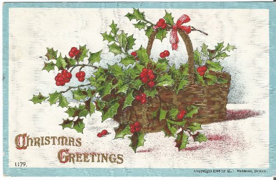 Basket of Holly and Berry Christmas Decoration Vintage Postcard Holiday Greeting