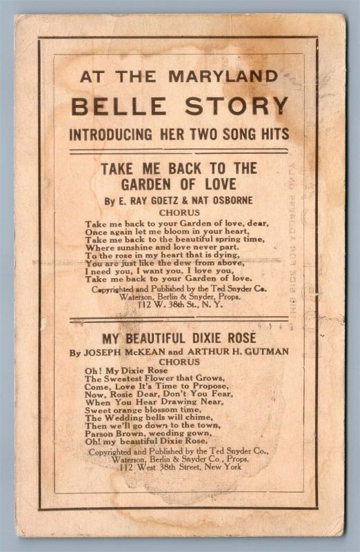 MARYLAND BELLE STORY SONGS 1912 ANTIQUE POSTCARD