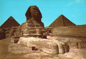 Vintage Postcard 3 Tall Pyramids Built Limestone Statue Great Sphinx Giza Egypt