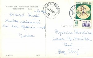 Postcard Romania Constanta Trin station Balcanic Games 1964 stamp javelin throw