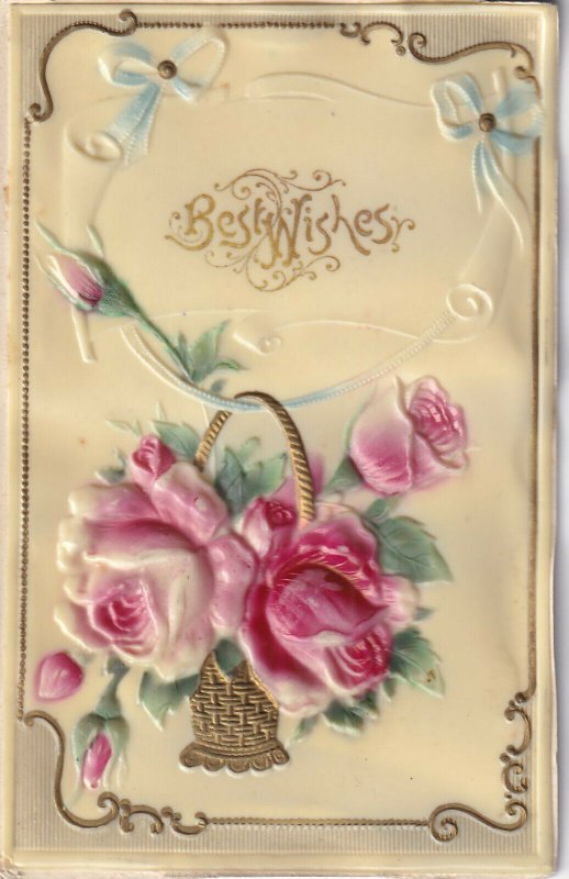 BEST WISHES; Embossed Basket Of Roses, PU-1914