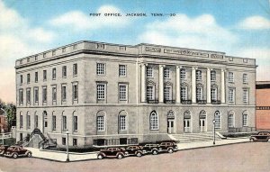 JACKSON, TN Tennessee  POST OFFICE & Street View~Cars  c1940's Linen Postcard