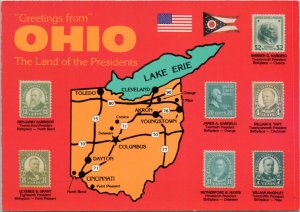 Postcard Ohio Land of Presidents - Map - Ohio President Stamps - Flags