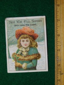 1870s-80s Rox'em All Shoes Girl in Heavy Winter Coat & Hat Trade Card F23