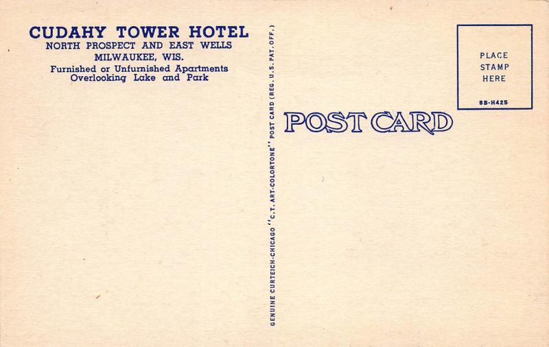 Cudahy Tower, Milwaukee, Wisconsin, Early Linen Postcard, Unused