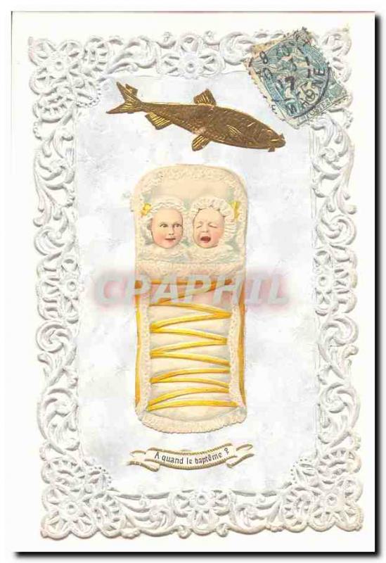 Old Postcard Fancy Lace Card When is the baptism (fish new born children)