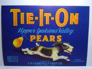 Tie It On Pears Fruit Crate Label Black White Dog Running 1950's Vintage Puppy 