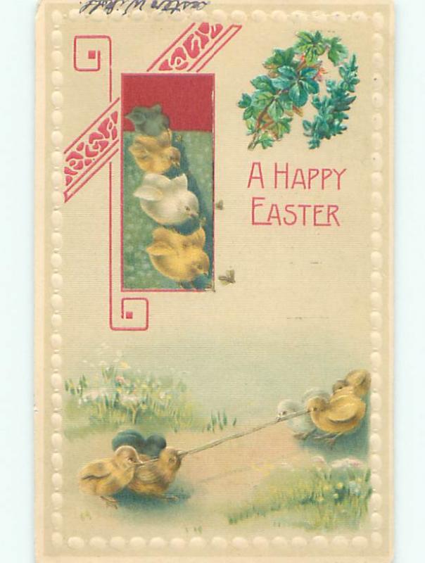 Pre-1907 easter TUG OF WAR - BABY CHICKS FIGHT OVER A WORM o3337