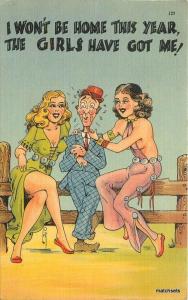 1942 Sexy Pin up ladies with man in suit linen postcard 7350